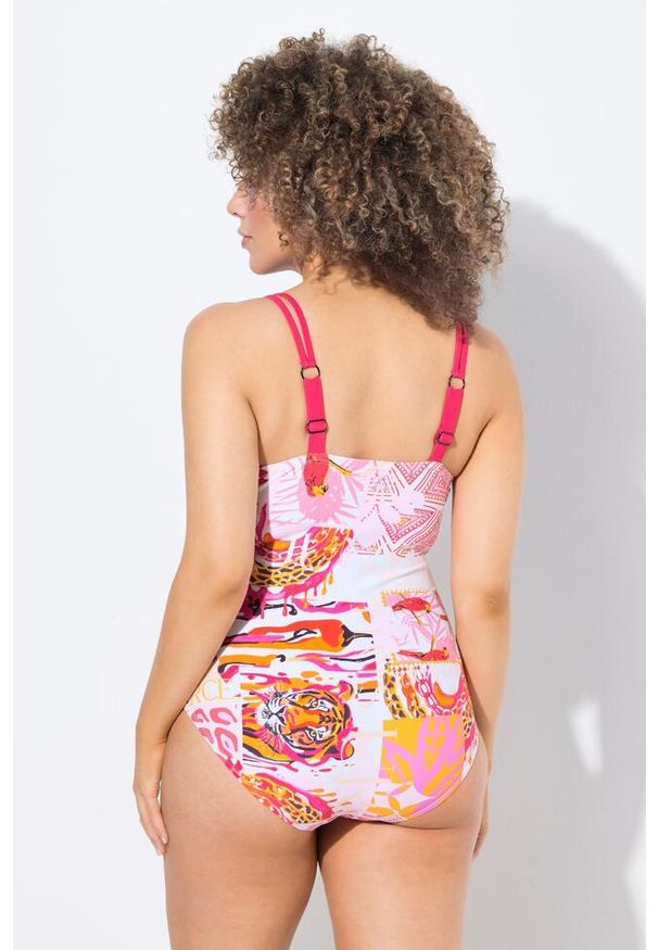 ULLA POPKEN - Damski Strój kąpielowy miękkie miseczki papugi dekolt w serek. Kolekcja: plus size. Kolor: biały. Materiał: elastan, poliamid, materiał
