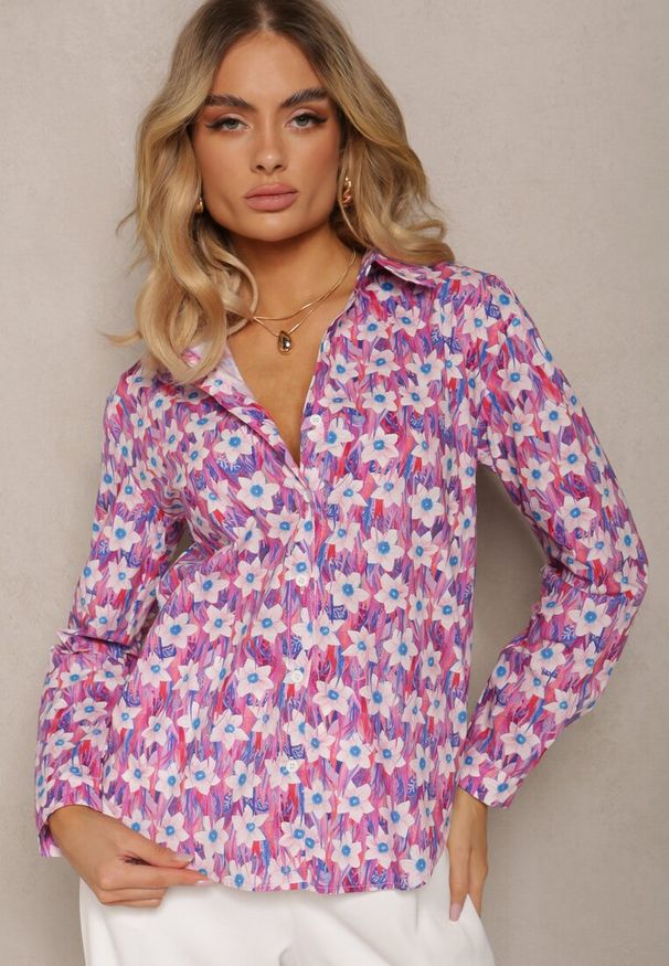 Renee - Fuksjowa Koszula z Bawełny z Kwiatowym Printem i Długim Rękawem Ritapeva. Kolor: różowy. Materiał: bawełna. Długość rękawa: długi rękaw. Długość: długie. Wzór: kwiaty, nadruk. Sezon: wiosna. Styl: elegancki