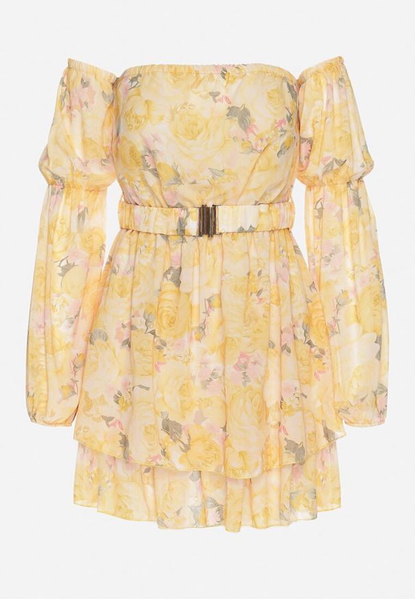 Born2be - Żółta Wiskozowa Sukienka Hiszpanka z Falbanami i Paskiem w Kwiaty Virmoi. Okazja: na spacer, na co dzień. Typ kołnierza: dekolt hiszpanka. Kolor: żółty. Materiał: wiskoza. Wzór: kwiaty. Typ sukienki: proste. Styl: casual