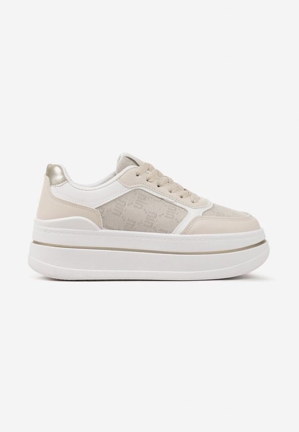 Renee - Beżowe Sneakersy Streetwearowe na Platformie Ninelis. Okazja: na co dzień. Nosek buta: okrągły. Kolor: beżowy. Materiał: jeans. Wzór: aplikacja. Obcas: na platformie