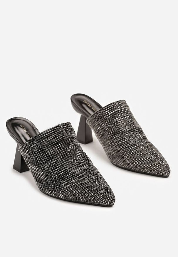 Born2be - Czarne Klapki Mule na Stożkowym Obcasie z Cyrkoniami Fanirea. Okazja: na co dzień. Nosek buta: szpiczasty. Kolor: czarny. Wzór: aplikacja. Materiał: jeans. Sezon: lato. Obcas: na obcasie. Styl: elegancki, casual. Wysokość obcasa: średni