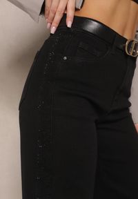 Renee - Czarne Szerokie Jeansy High Waist z Cyrkoniowym Zdobieniem Nusamira. Okazja: na co dzień. Stan: podwyższony. Kolor: czarny. Wzór: aplikacja. Styl: elegancki, casual #3