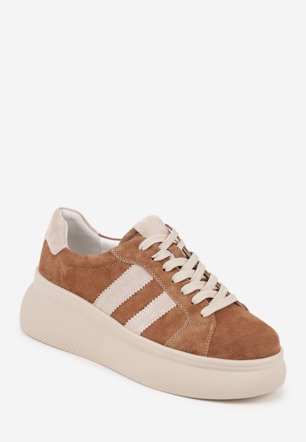 Renee - Brązowe Zamszowe Sneakersy Chunky na Platformie Teslara. Okazja: na co dzień. Kolor: brązowy. Materiał: zamsz. Obcas: na platformie