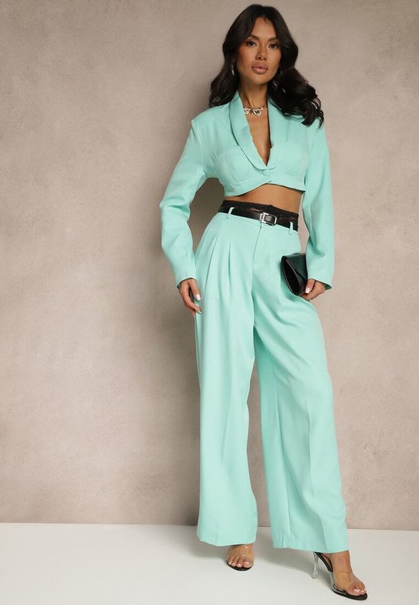 Renee - Jasnozielony Komplet Szerokie Spodnie i Krótka Marynarka z Usztywnionymi Miseczkami Liovea. Kolor: zielony. Materiał: koronka. Wzór: koronka