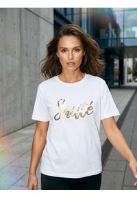 Sinsay - Bawełniana koszulka z połyskującymi aplikacjami - biały. Kolor: biały. Materiał: bawełna. Wzór: aplikacja #1