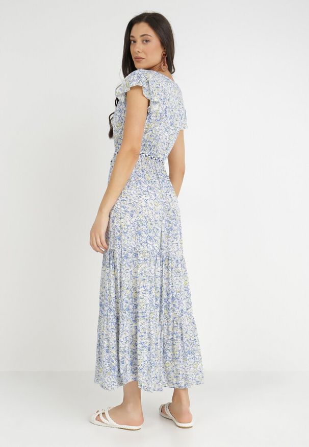 Born2be - Biało-Niebieska Sukienka ze Sznurkiem Cillereia. Typ kołnierza: kołnierz z falbankami. Kolor: niebieski. Materiał: tkanina, wiskoza. Długość rękawa: krótki rękaw. Wzór: nadruk, kwiaty. Długość: maxi