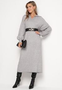 Born2be - Szara Pudełkowa Sukienka Sweterkowa z Wiskozą Szerokimi Rękawami i Kołnierzykiem Rinfera. Kolor: szary. Materiał: wiskoza. Typ sukienki: proste. Styl: wizytowy, elegancki #4