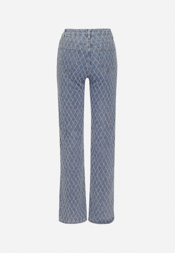 Born2be - Niebieskie Szerokie Bawełniane Jeansy z Wysokim Stanem ze Wzorem Rombów Tuzea. Okazja: na co dzień. Stan: podwyższony. Kolor: niebieski. Styl: elegancki, klasyczny, casual