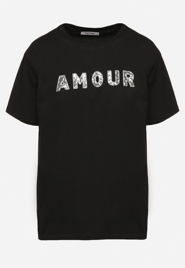 Born2be - Czarny T-shirt z Bawełny Ozdobiony Haftowanym Napisem z Cekinami Marisiana. Okazja: na co dzień. Kolor: czarny. Materiał: bawełna. Wzór: napisy, aplikacja, haft. Styl: glamour, klasyczny, casual