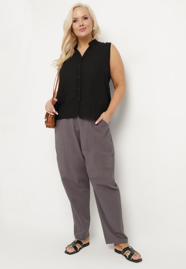 Born2be - Szare Klasyczne Spodnie Bawełniane z Gumką w Pasie Olozi. Okazja: na co dzień. Kolekcja: plus size. Kolor: szary. Materiał: bawełna. Styl: klasyczny