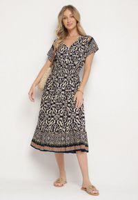 Born2be - Granatowa Bawełniana Sukienka z Guzikami i Ornamentnym Wzorem Zisselle. Kolor: niebieski. Materiał: bawełna #3