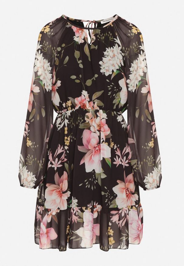 Born2be - Czarna Sukienka o Rozkloszowanym Kroju w Kwiaty Zeramera. Okazja: na co dzień. Kolor: czarny. Materiał: wiskoza. Długość rękawa: długi rękaw. Wzór: kwiaty. Typ sukienki: rozkloszowane. Styl: casual