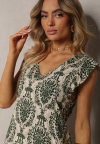 Renee - Zielono-Beżowa Boho Sukienka z Bawełny na Ramiączkach Ozdobiona Falbanką Testalaya. Kolor: zielony. Materiał: bawełna. Długość rękawa: na ramiączkach. Wzór: aplikacja. Sezon: lato. Styl: boho