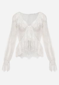 Born2be - Biała Bawełniana Bluzka z Transparentnej Koronki z Falbankami w Stylu Boho Palamna. Okazja: na co dzień. Typ kołnierza: kołnierz z falbankami. Kolor: biały. Materiał: bawełna, koronka. Długość: długie. Wzór: koronka. Styl: boho #3