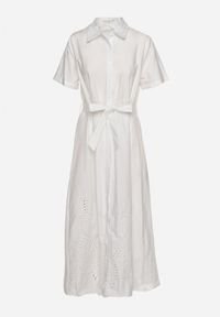 Born2be - Biała Ażurowa Sukienka z Bawełny Zapinana na Guziki z Materiałowym Paskiem Dimosa. Kolor: biały. Materiał: bawełna, materiał. Długość rękawa: krótki rękaw. Wzór: ażurowy. Styl: boho #6