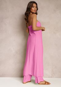 Renee - Różowy 2-częściowy Komplet Długi Top i Spodnie z Gumką w Pasie i Szerokimi Nogawkami Bincina. Kolor: różowy