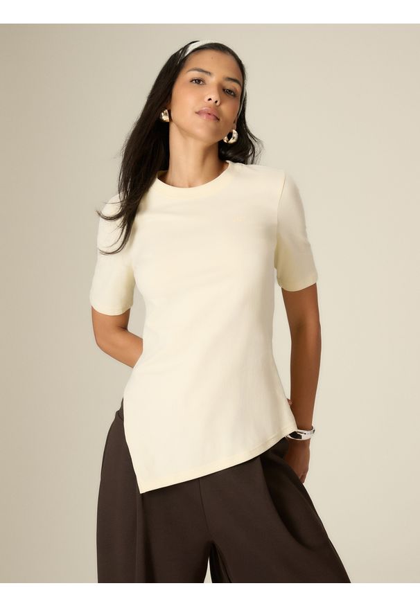 4f - 4F T-shirt regular gładki damski - żółty L. Okazja: na co dzień. Kolor: żółty. Materiał: dzianina, materiał, bawełna. Wzór: gładki. Styl: casual, klasyczny