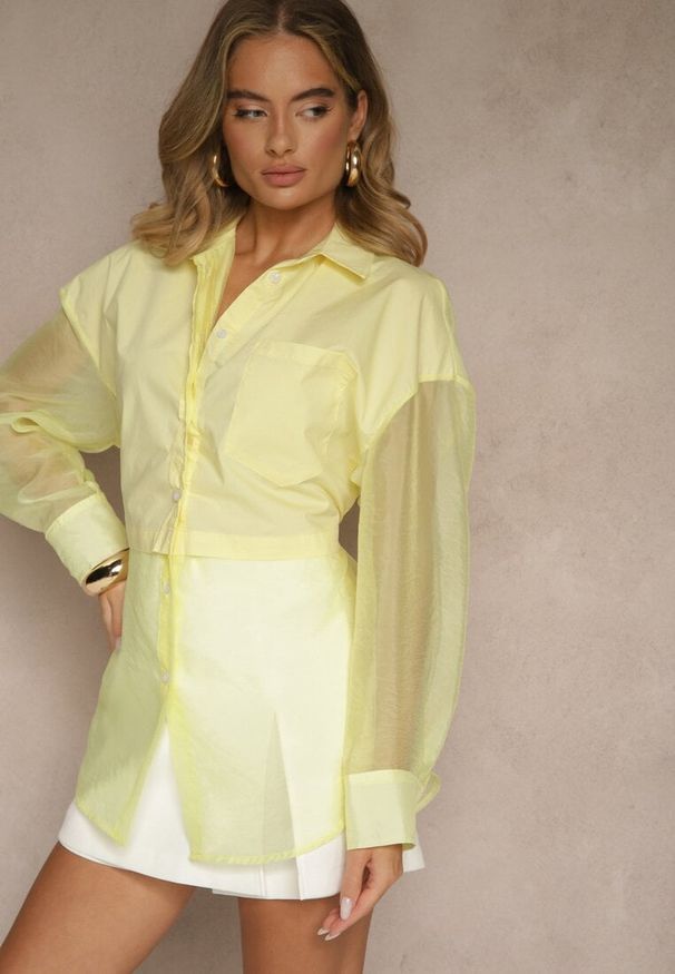 Renee - Żółta Koszula Ozdobiona Przezroczystymi Rękawami Tilaria. Okazja: na co dzień. Kolor: żółty. Materiał: jeans. Wzór: aplikacja. Sezon: lato. Styl: casual