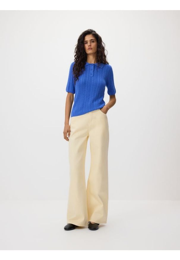 Reserved - Sweter polo z wełną - niebieski. Typ kołnierza: polo. Kolor: niebieski. Materiał: wełna