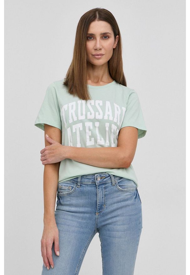 Trussardi Jeans - Trussardi - T-shirt bawełniany. Okazja: na co dzień. Kolor: zielony. Materiał: bawełna. Wzór: nadruk. Styl: casual