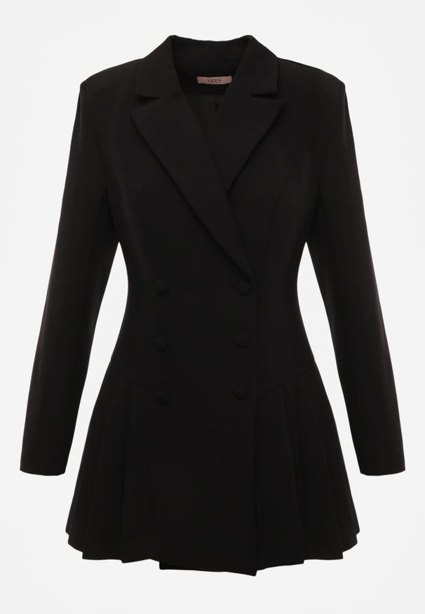 Renee - Czarna Rozkloszowana Sukienka Marynarka VICES z Usztywnianymi Ramionami Ilarita. Kolor: czarny. Materiał: tkanina. Wzór: gładki. Typ sukienki: kopertowe, trapezowe. Styl: elegancki