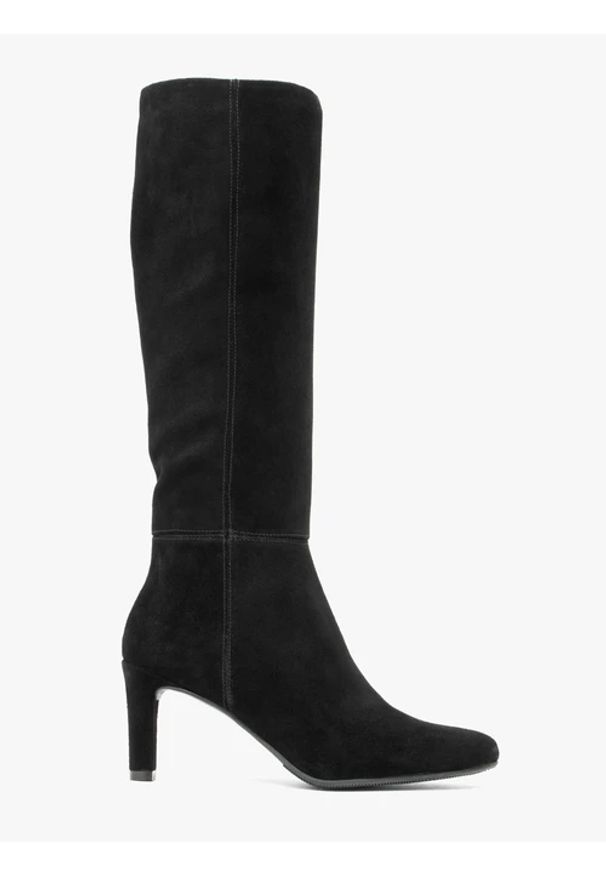 Ryłko - Czarne kozaki z wąską cholewką. Zapięcie: zamek. Kolor: czarny. Materiał: skóra, welur. Szerokość cholewki: wąska. Obcas: na obcasie. Styl: elegancki, street. Wysokość obcasa: średni