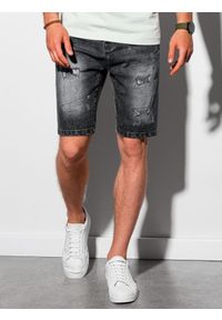 Ombre Clothing - Krótkie spodenki męskie jeansowe W306 - czarne - XXL. Kolor: czarny. Materiał: jeans. Długość: krótkie. Wzór: aplikacja. Styl: klasyczny