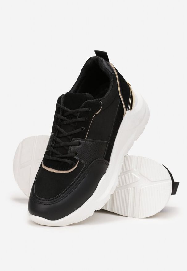 Born2be - Czarne Sneakersy na Platformie z Metaliczną Wstawką na Pięcie Jomir. Nosek buta: okrągły. Zapięcie: sznurówki. Kolor: czarny. Materiał: materiał. Obcas: na platformie. Wysokość obcasa: niski