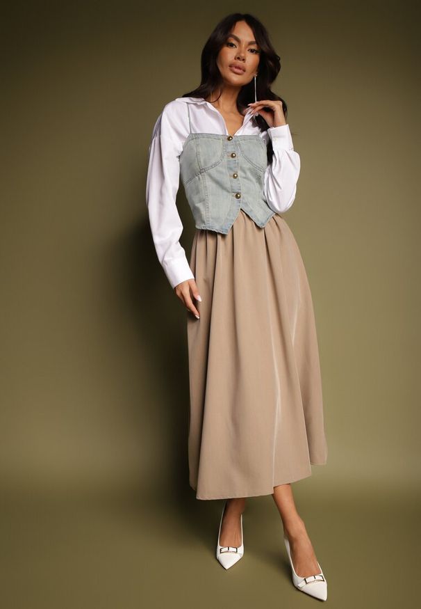 Renee - Beżowa Spódnica z Wiskozą o Rozkloszowanym Kroju Kenneira. Okazja: na co dzień. Kolor: beżowy. Materiał: wiskoza. Styl: casual, elegancki, wizytowy