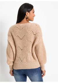 Sweter oversize w ażurowy wzór bonprix bezowy. Kolor: beżowy. Wzór: ażurowy #6