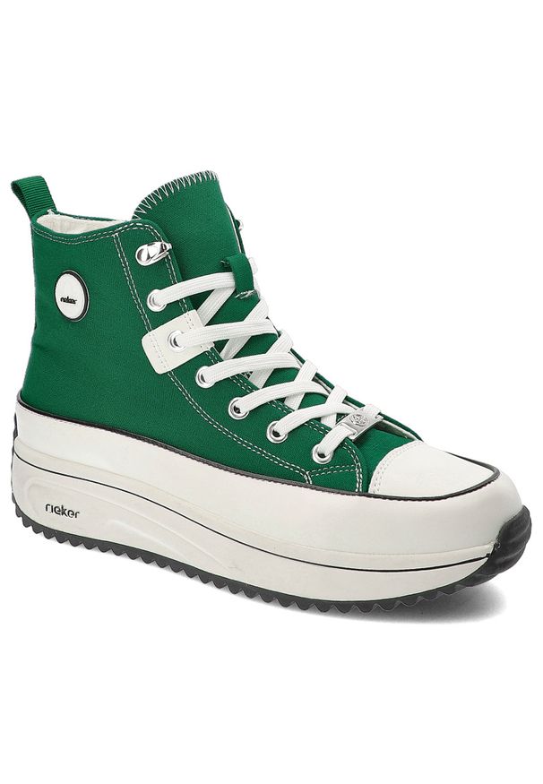 Zielone Sneakersy Rieker Modne Obuwie Damskie. Okazja: na co dzień, na spacer. Kolor: zielony. Materiał: materiał. Sezon: lato. Sport: turystyka piesza