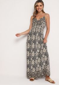 Born2be - Czarno-Beżowa Wiskozowa Sukienka Boho na Ramiączkach z Gumką w Pasie Elorea. Kolor: czarny. Materiał: wiskoza. Długość rękawa: na ramiączkach. Sezon: lato. Styl: boho