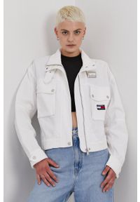 Tommy Jeans Kurtka jeansowa damska kolor biały przejściowa oversize. Kolor: biały. Materiał: tkanina, bawełna. Wzór: gładki