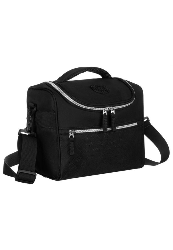 Czarna, praktyczna kosmetyczka podróżna z tkaniny syntetycznej z dopasowanym paskiem - Peterson. Kolor: czarny. Materiał: tkanina, syntetyk