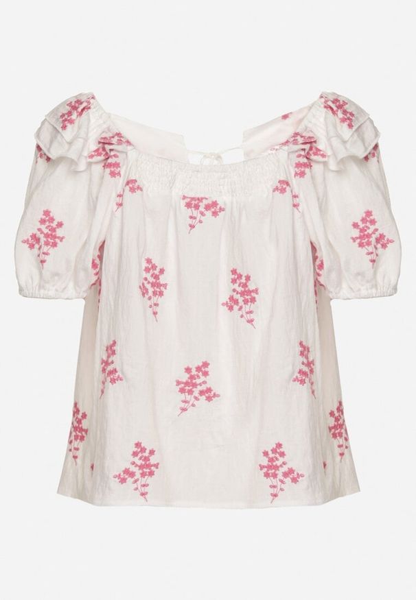 Born2be - Fuksjowa Bluzka z Wiskozą Ozdobiona Haftem i Wiązaniem Nilaruna. Okazja: na co dzień. Kolor: biały. Materiał: wiskoza. Długość rękawa: krótki rękaw. Długość: krótkie. Wzór: aplikacja, haft. Styl: elegancki, casual