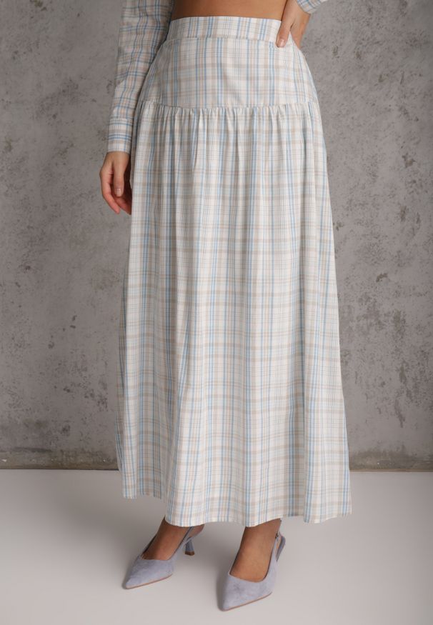 Renee - Niebieski Bawełniany Komplet w Kratę Rozkloszowana Spódnica i Bluzka z Wiązaniem Allisa. Kolor: niebieski. Materiał: bawełna. Wzór: kratka