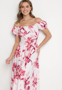 Born2be - Jasnobeżowa Sukienka w Kwiaty z Dekoltem Łódką z Bawełną o Rozkloszowanym Kroju Annilva. Okazja: na spacer, na imprezę, na co dzień. Typ kołnierza: dekolt w łódkę. Kolor: beżowy. Materiał: bawełna. Długość rękawa: krótki rękaw. Wzór: kwiaty. Sezon: wiosna, lato. Styl: elegancki, casual, klasyczny #5