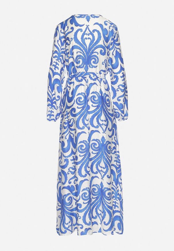 Born2be - Niebieska Rozkloszowana Sukienka z Wiskozą z Wiązaniem w Abstrakcyjny Wzór Ridimarelle. Okazja: na co dzień, na spacer. Typ kołnierza: dekolt w serek. Kolor: niebieski. Materiał: wiskoza. Długość rękawa: długi rękaw. Styl: casual, elegancki