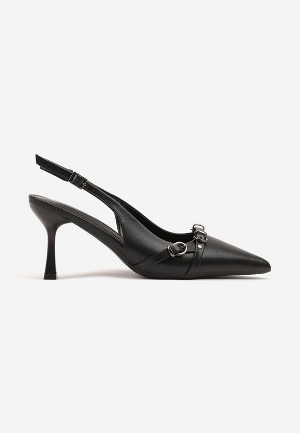 Renee - Czarne Sandały Szpilki Typu Slingback Zdobione Sprzączkami Telinea. Okazja: na co dzień, na spotkanie biznesowe. Nosek buta: szpiczasty. Zapięcie: sprzączka. Kolor: czarny. Wzór: aplikacja. Obcas: na szpilce. Styl: wizytowy, biznesowy, elegancki, casual