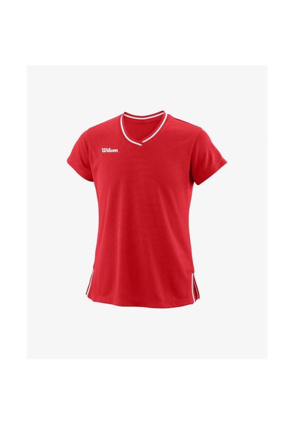 Koszulka tenisowa dziewczęca z krótkim rękawem Wilson Team II V-Neck. Kolor: biały, wielokolorowy, czerwony. Materiał: dzianina. Długość rękawa: krótki rękaw. Długość: krótkie. Sport: tenis