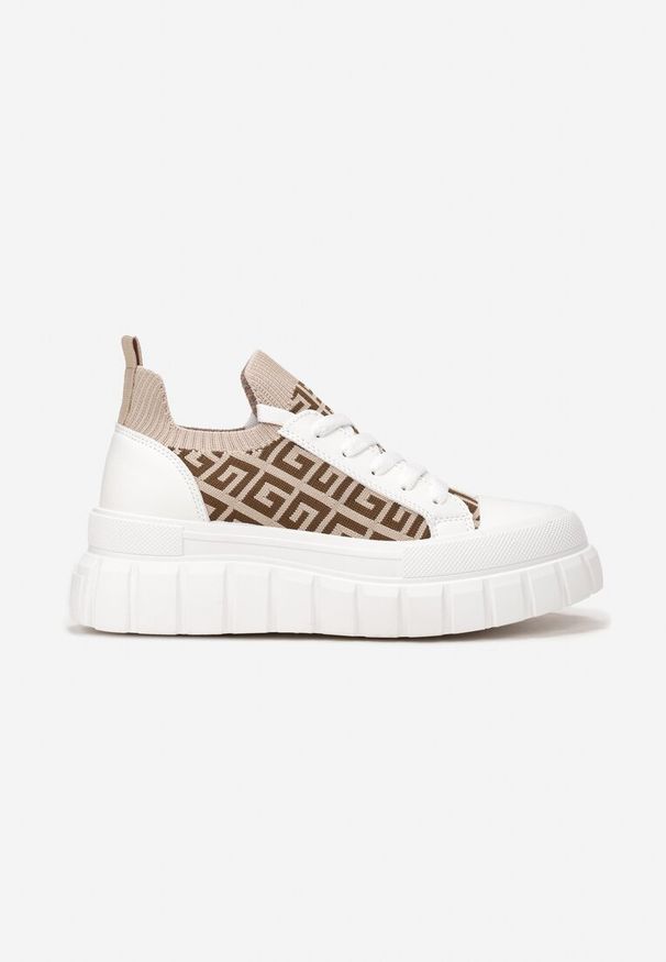 Renee - Biało-Beżowe Sneakersy na Tłoczonej Platformie z Geometrycznym Wzorem Votah. Kolor: biały. Materiał: guma. Szerokość cholewki: normalna. Wzór: geometria. Obcas: na platformie