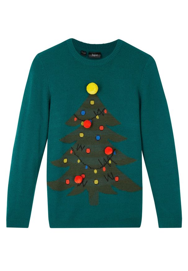 Sweter chłopięcy z bożonarodzeniowym motywem bonprix głęboki zielony. Kolor: zielony. Materiał: materiał, akryl. Styl: wizytowy