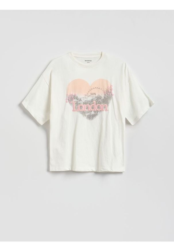 Reserved - Luźny t-shirt z nadrukiem - złamana biel. Materiał: bawełna. Wzór: nadruk