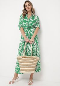 Born2be - Zielona Koszulowa Sukienka z Roślinnym Wzorem z Wiązanym Paskiem Rosallen. Kolor: zielony. Wzór: aplikacja. Typ sukienki: koszulowe. Długość: maxi #3