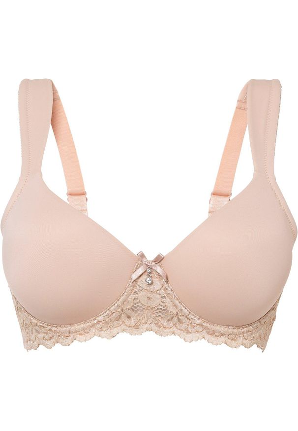 bonprix - Biustonosz z usztywnianymi miseczkami i wyściełanymi ramiączkami. Kolor: beżowy. Materiał: koronka. Wzór: koronka