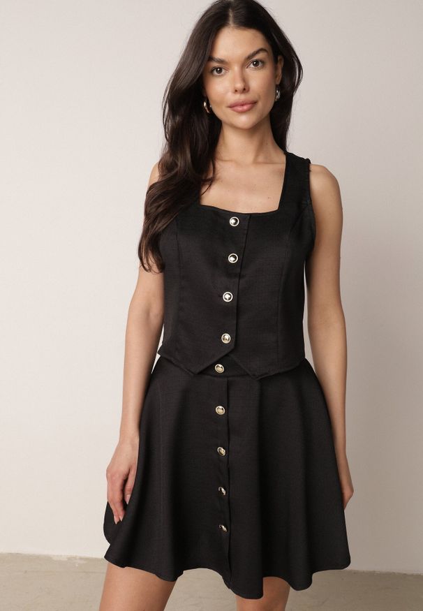 Born2be - Czarny Elegancki Komplet Kamizelka i Rozkloszowana Spódnica z Guzikami Merireida. Kolor: czarny