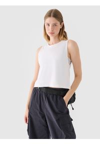 4f - 4F Crop top regular gładki damski - biały XL. Kolor: biały. Materiał: jersey, bawełna, dzianina. Długość rękawa: na ramiączkach. Wzór: gładki. Sezon: lato #1