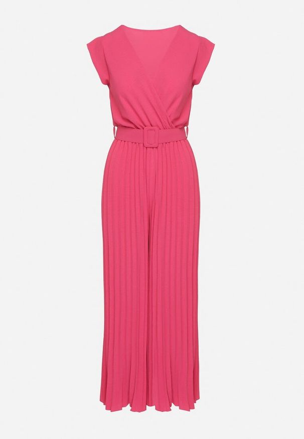 Born2be - Fuksjowy Kombinezon o Kopertowym Kroju z Plisami i Paskiem w Talii Salivania. Okazja: na co dzień. Kolor: różowy. Styl: elegancki, casual