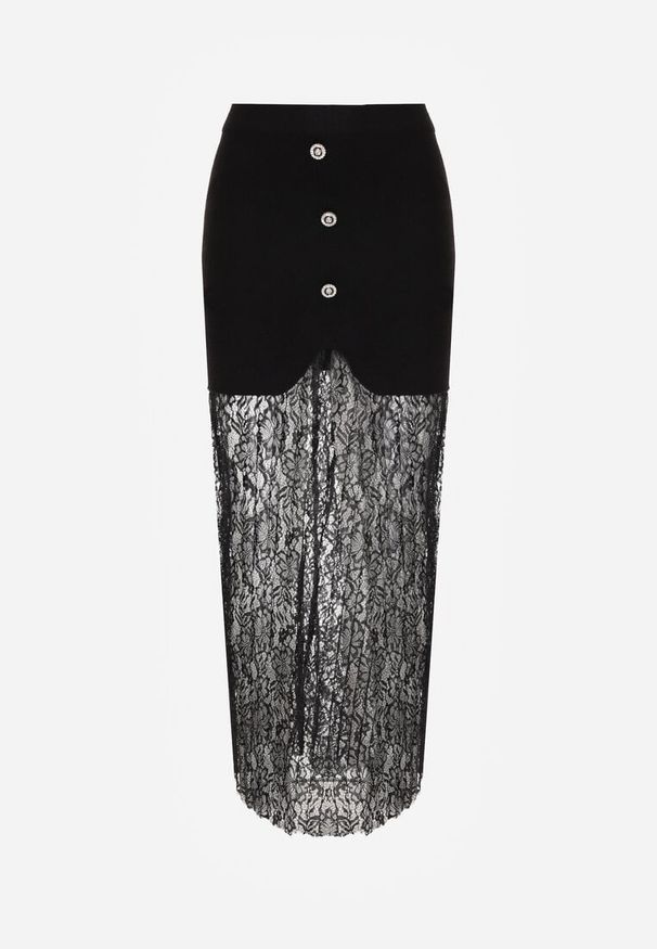 Born2be - Czarna Dzianinowa Spódnica z Wiskozą Zdobiona Koronką i Guzikami Sewora. Okazja: na co dzień. Kolor: czarny. Materiał: koronka, wiskoza, dzianina. Wzór: koronka, aplikacja. Styl: klasyczny, casual