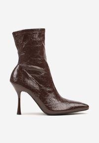 Born2be - Brązowe Eleganckie Botki Vices na Szpilce z Tłoczoną Cholewką do Kostki Tedvire. Okazja: na spotkanie biznesowe, do pracy. Kolor: brązowy. Materiał: jeans. Szerokość cholewki: normalna. Sezon: jesień. Obcas: na szpilce. Styl: elegancki. Wysokość obcasa: średni